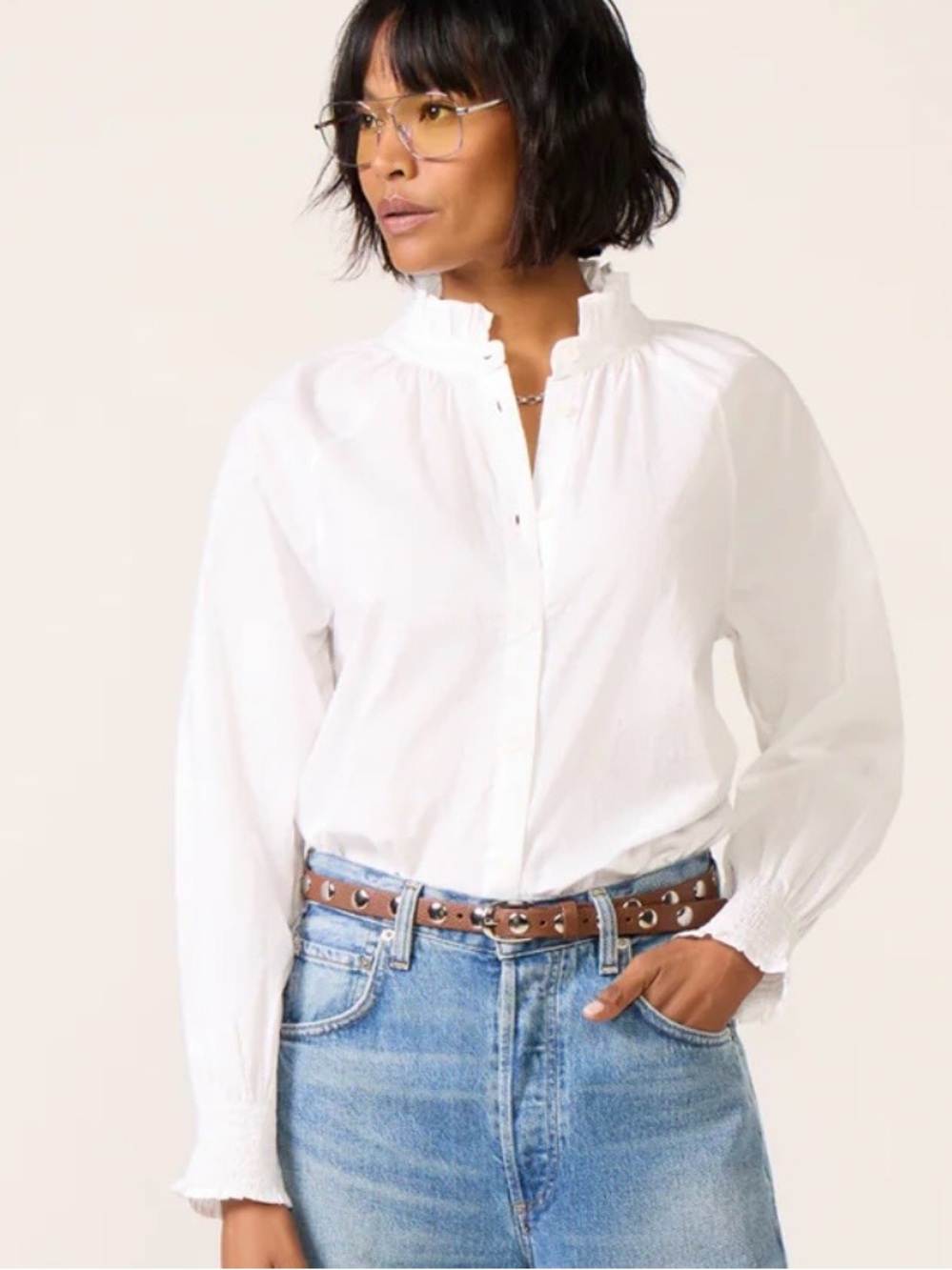 bobi White Ruffle-Neck Button-Down Blouse